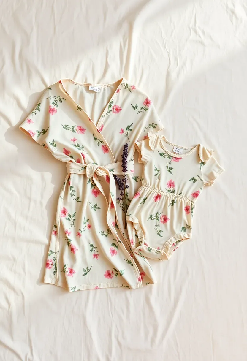 matching mum and baby girl outfit set in floral print on a flat lay