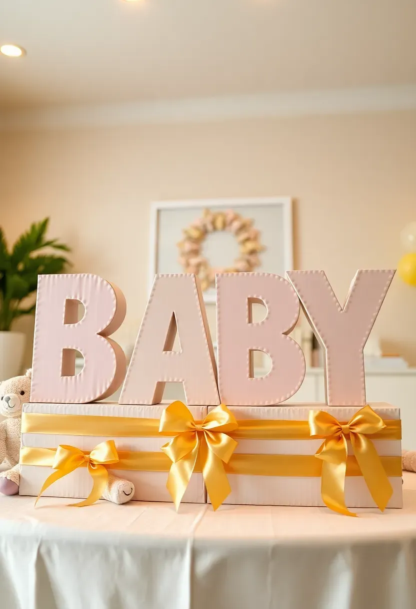 oversized pastel baby block decorations spelling out the baby name on a gift table with stuffed animals and ribbons at a baby shower