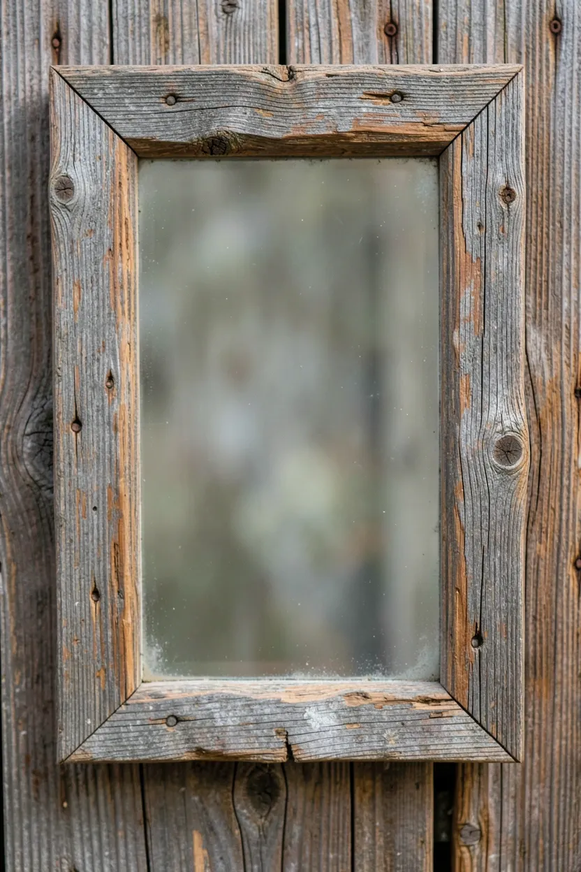 Reclaimed weathered wood mirror frame with silvery-gray patina above a stone vanity in a wabi-sabi bathroom