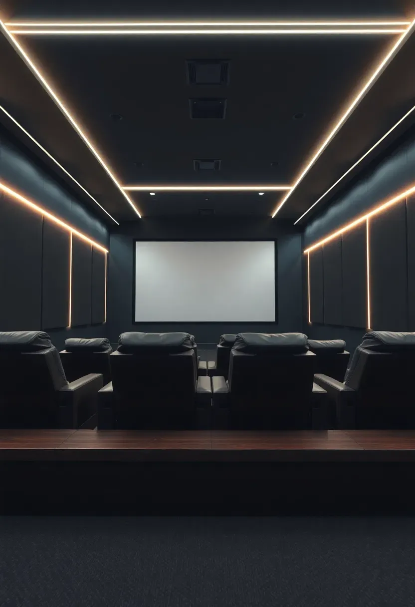 Basement home theater layout at the far end of a long room with a projection screen, tiered seating platform, and dark acoustic panels on walls