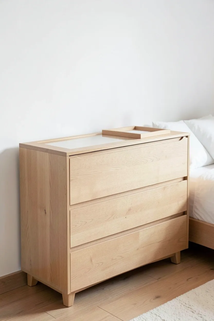 Low-profile minimalist wooden dresser with flat-panel drawers and recessed handles in pale ash finish against a white wall in a Nordic rustic bedroom