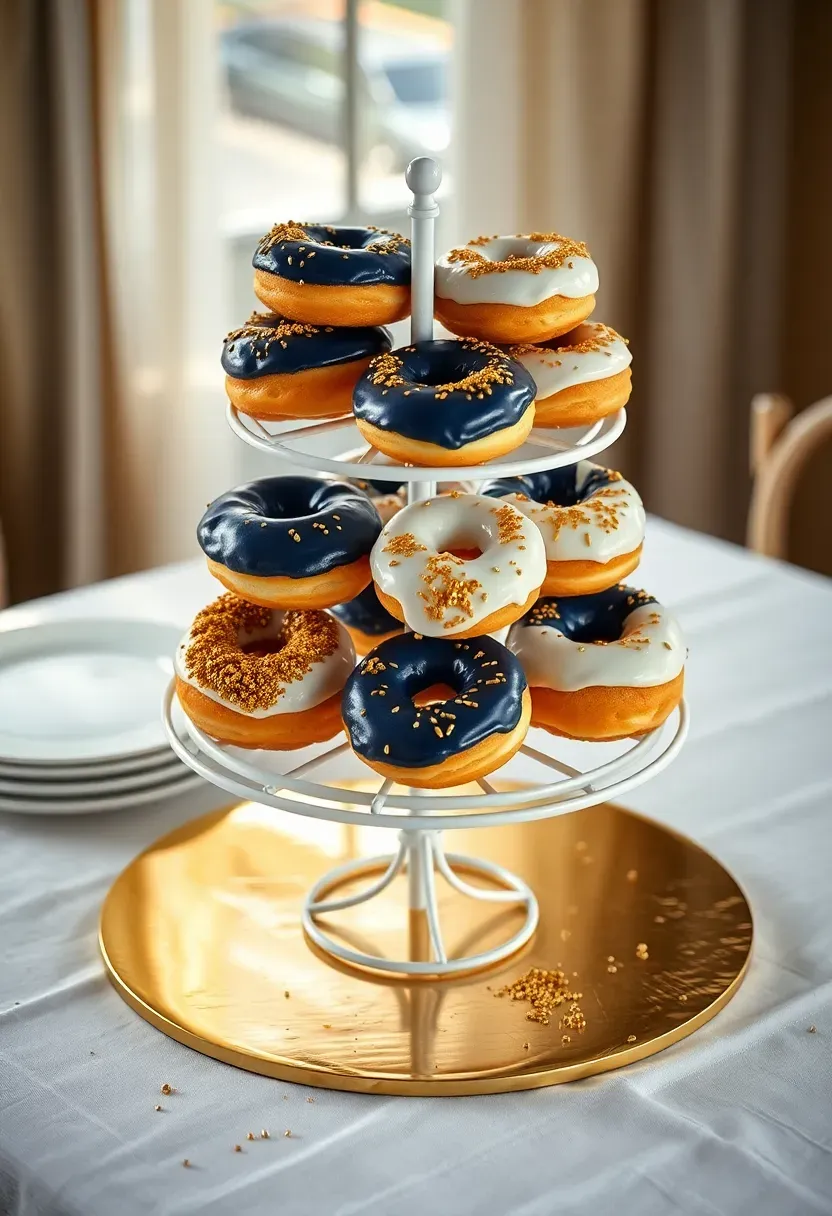 Tiered donut tower with frosted donuts in graduation school colors on a decorative stand