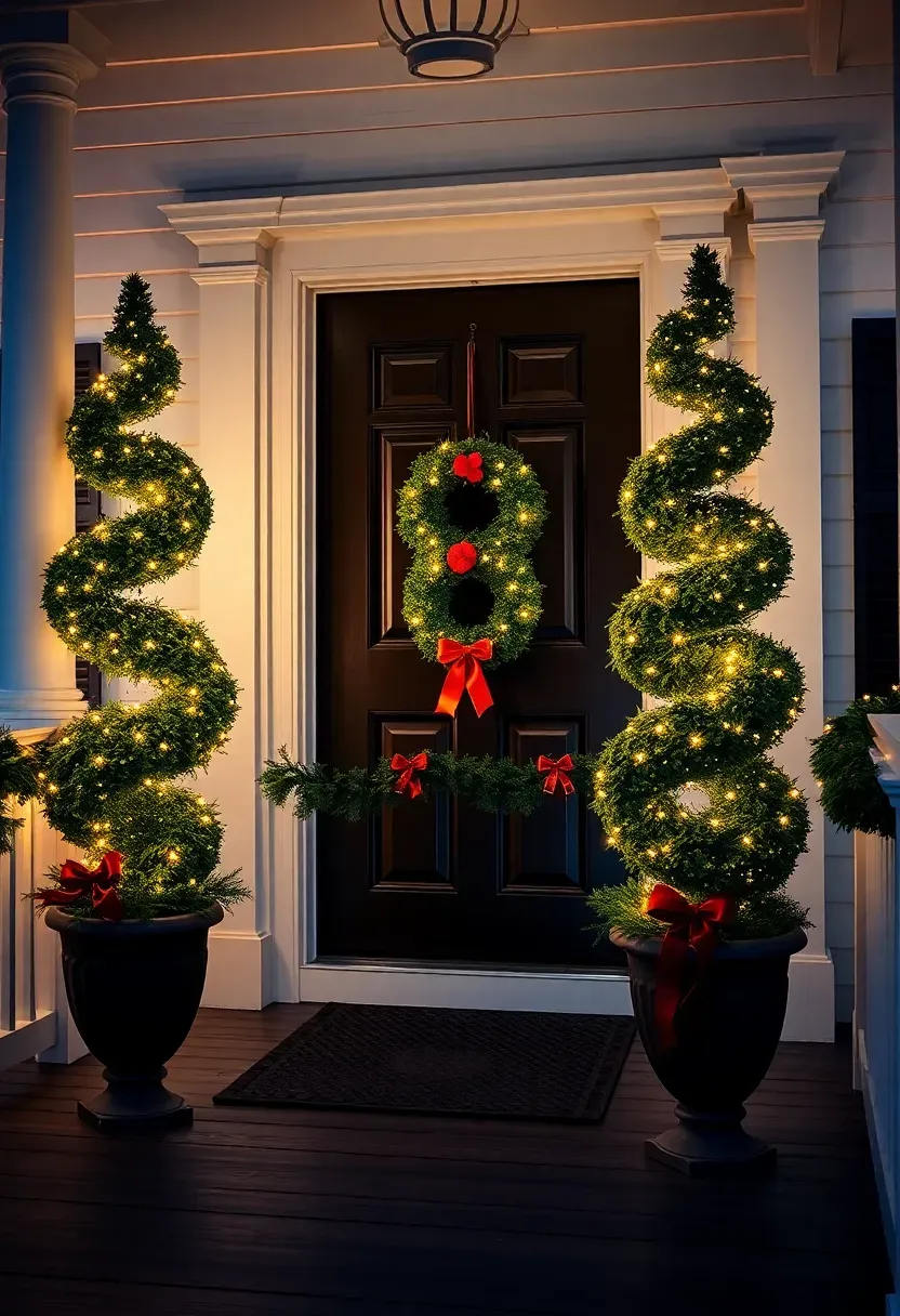 Hyper-realistic 3/4 view of an illuminated topiary front porch Christmas display. Materials: two 5-foot spiral artificial topiary trees wrapped in warm white mini lights flanking a dark wood front door with matching lighted wreath, decorative urn planters at base with red ribbon bows, fresh garland across porch railing. Twilight evening setting (3800K) with lights glowing, painted wood porch floor, white colonial exterior with black shutters and columns. Formal elegant mood like luxury hotel holiday entrance. Shallow depth of field, sharp details on topiary form and light glow, symmetrical grand composition. No text, no logos, no watermarks.</p>