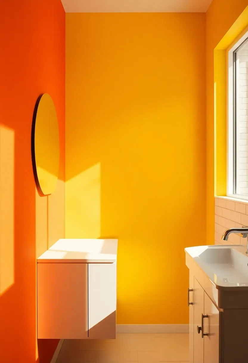 Bathroom with bold color blocking featuring large areas of contrasting vibrant colors