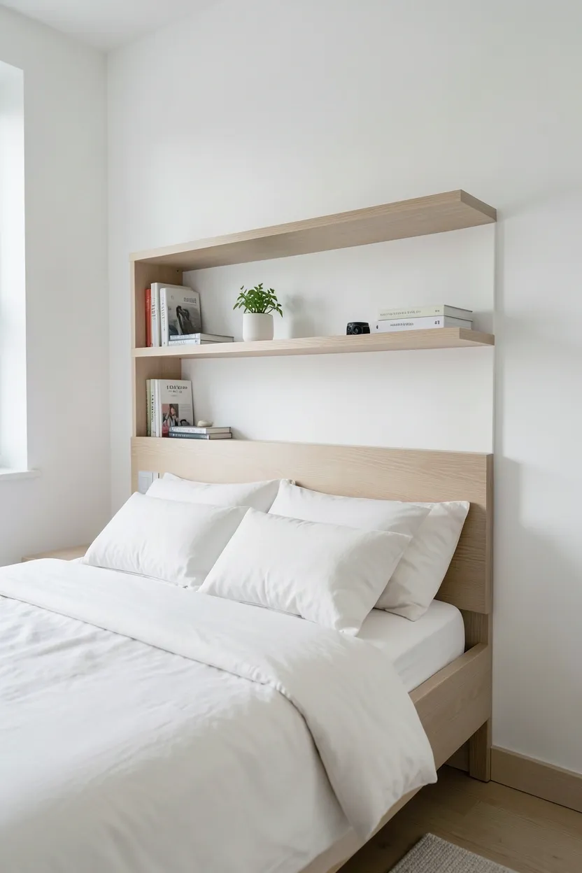 Slim Headboard with Integrated Shelves