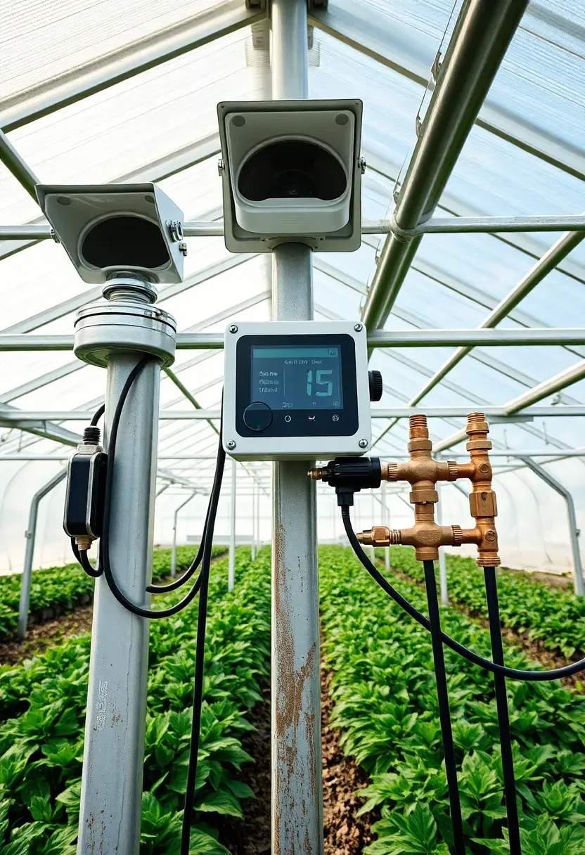 Interior of a modern greenhouse showing automated vent actuators sensor panels and a drip irrigation control system on the wall