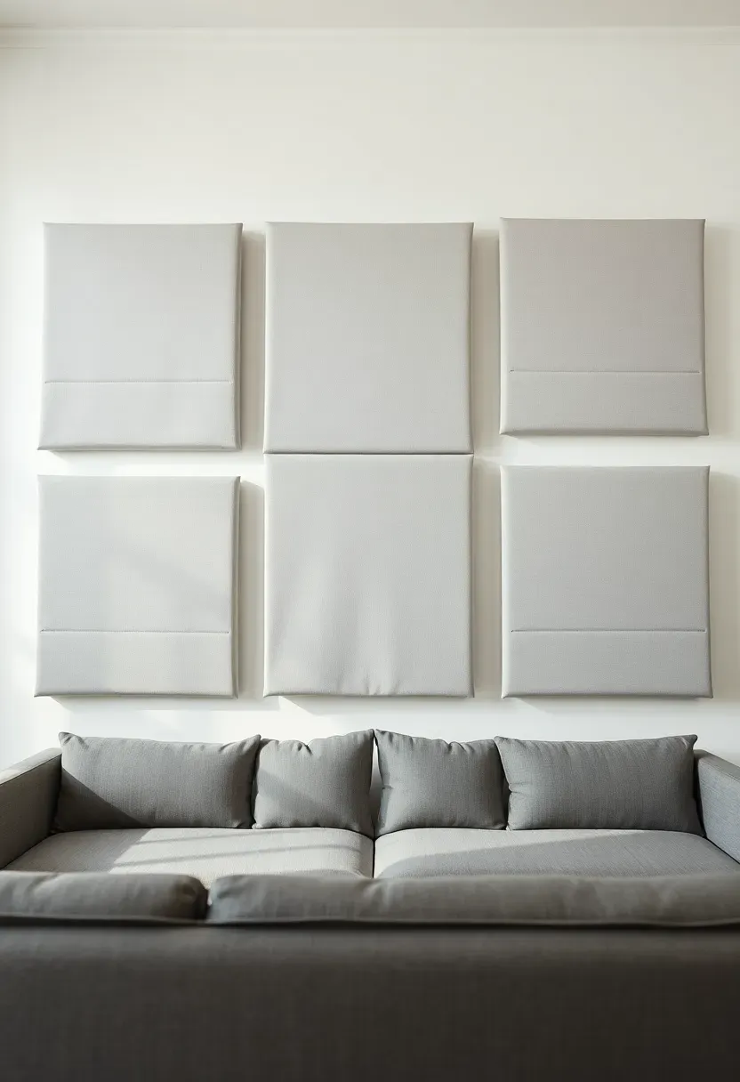 Hyper-realistic view of minimalist living room wall featuring large rectangular acoustic panels in light gray fabric, arranged artistically as composition, white wall areas visible between panels, gray sofa facing. Materials: fabric-wrapped acoustic panels, white walls, gray upholstery. Natural light, functional aesthetic mood. Sound treatment as design, shallow depth of field, no text, no logos.</p>