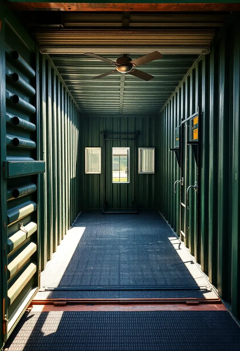 Converted shipping container gym with roll-up door open, showing interior with rubber flooring, squat rack, mirrors on walls, and fan mounted at ceiling