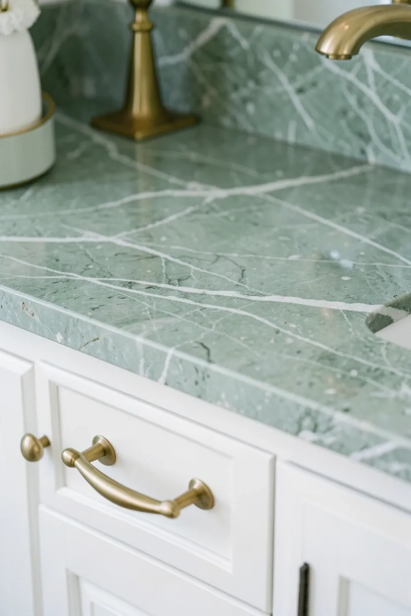 Sage green marble countertop with natural veining on white bathroom cabinets, brass faucet and undermount sink