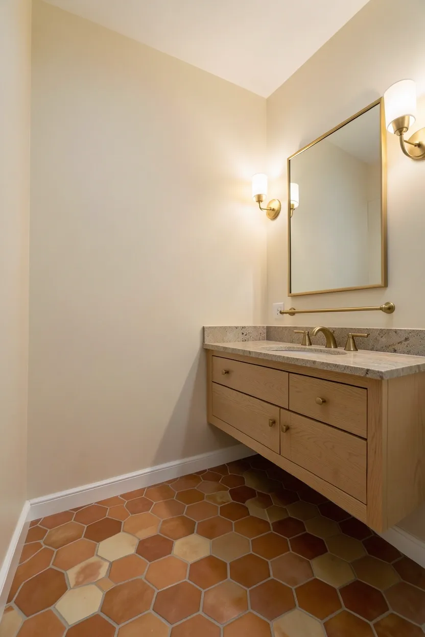 Hyper-realistic 3/4 view of a bathroom with patterned warm floor and neutral walls. Floor features hexagonal terracotta tiles in warm burnt orange and cream tones arranged in geometric pattern creating sophisticated visual interest. Walls painted in pale cream providing calm backdrop. Light oak vanity with stone top floats above floor. Brass fixtures complement warm terracotta tones. Warm ambient lighting from sconces. Mirror with brass frame. Clean surfaces. No text, no logos, no watermarks.</p>