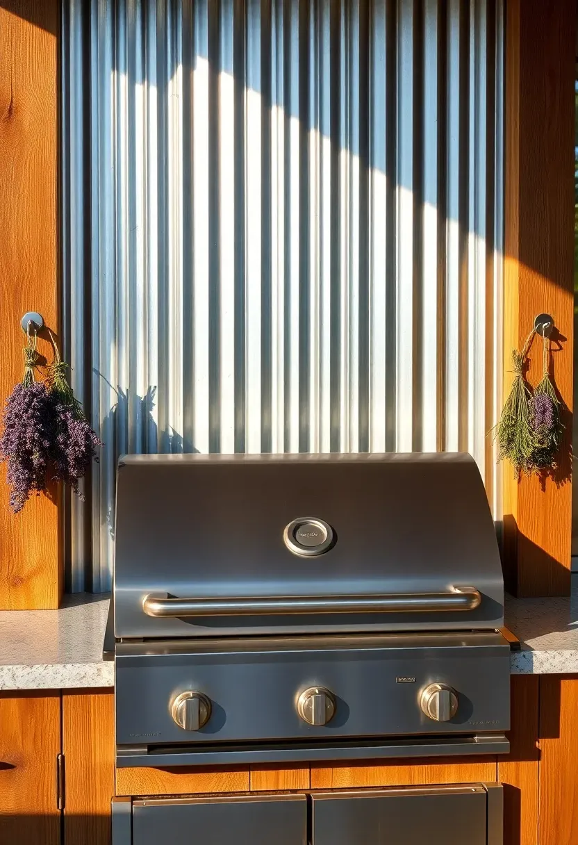 Corrugated galvanized metal backsplash behind a built-in grill station with exposed wooden beam accents and hanging herb bundles