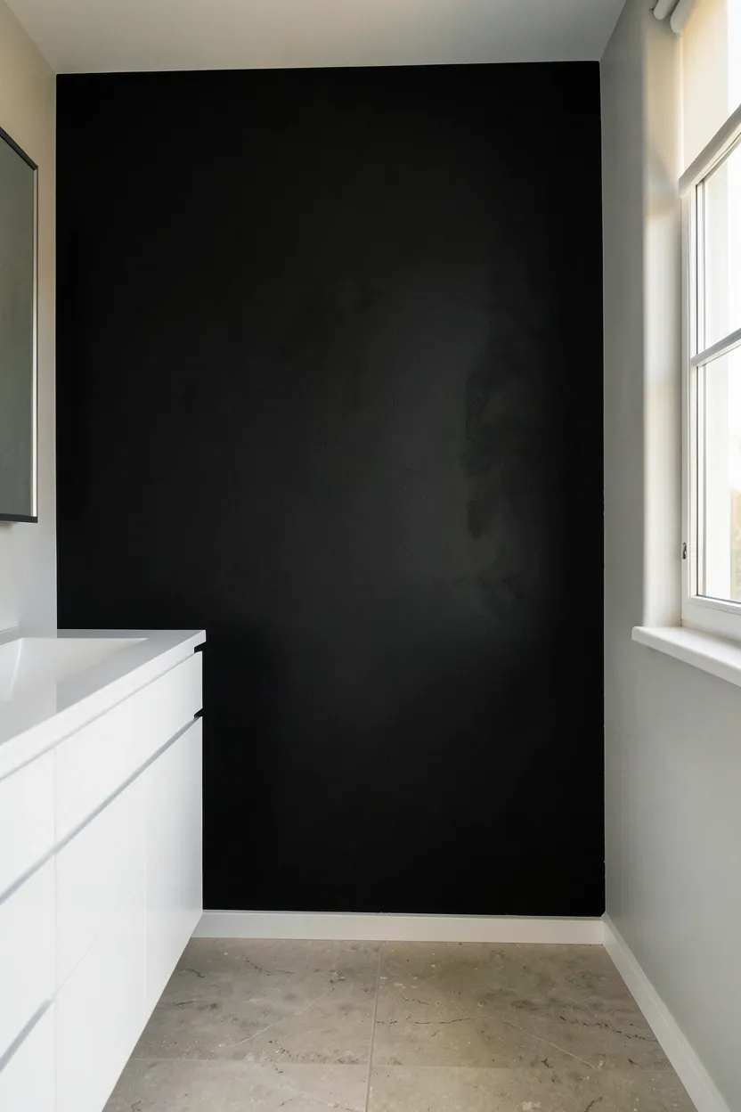 Black painted accent wall behind a white vanity in a bright bathroom — bold contrast with light gray walls and matte black fixtures
