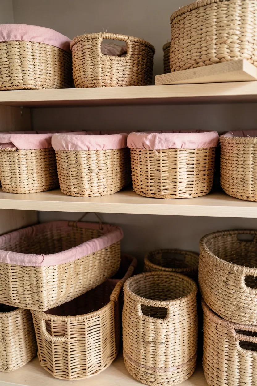 Seagrass and rattan woven storage baskets in blush pink and natural tones on nursery shelves