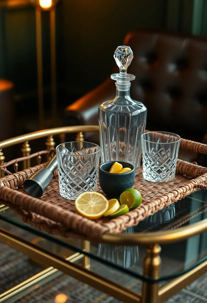 Cocktail bar woven tray with crystal decanter, two lowball glasses, cocktail jigger, and a small bowl of citrus on a bar cart