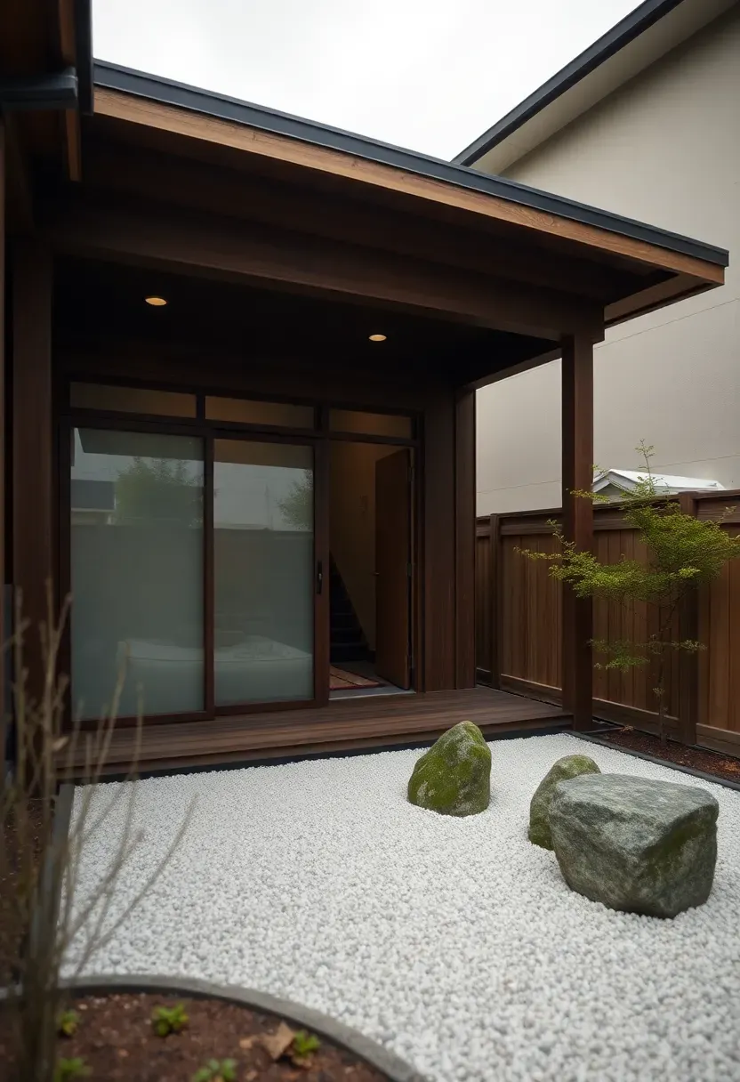 Compact Japanese-inspired ADU with a deep roof overhang, sliding shoji-style screens, a narrow engawa porch, and a small raked gravel garden beside it