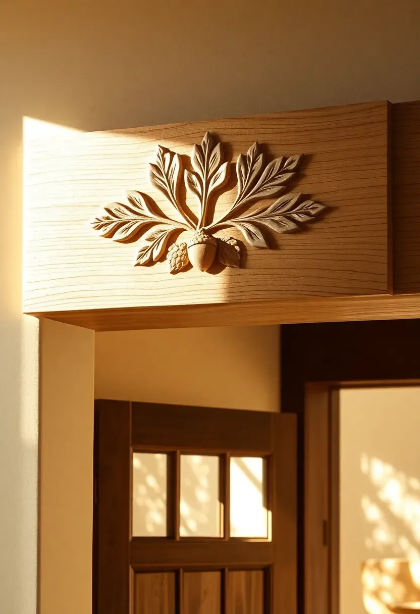 Carved wood door lintel with stylized oak leaf and acorn motif in a craftsman home entryway