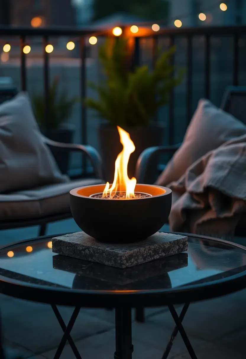 Small tabletop fire pit with dancing flames on an apartment patio table surrounded by comfortable evening seating