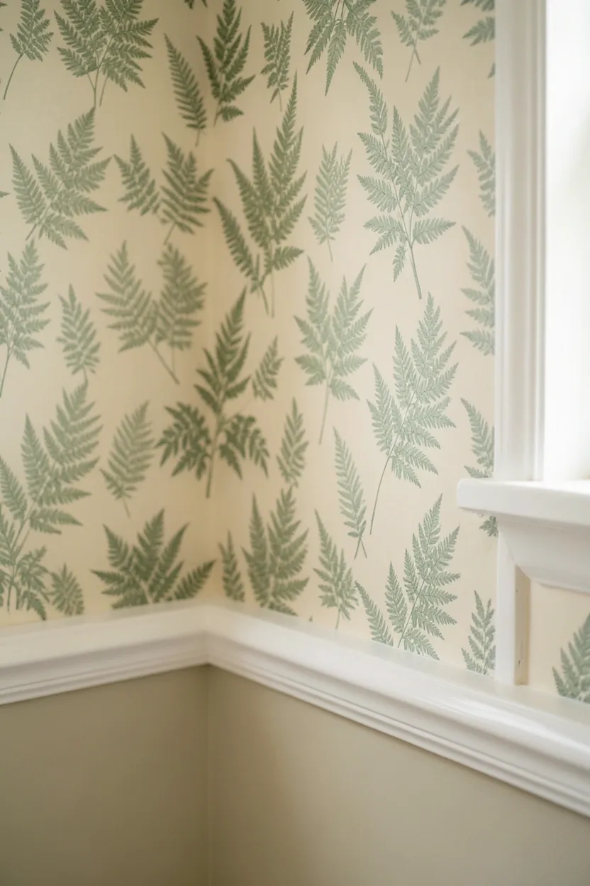 Removable peel-and-stick botanical wallpaper on single accent wall behind toilet in a rental apartment bathroom, adding bold personality without permanent changes