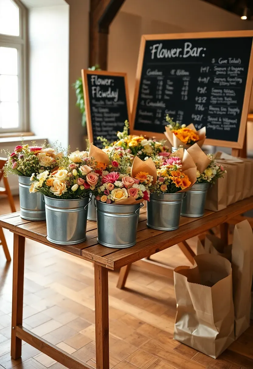 French market flower stand style setup with bundles of mixed flowers in brown paper wrapping and zinc buckets on a folding table