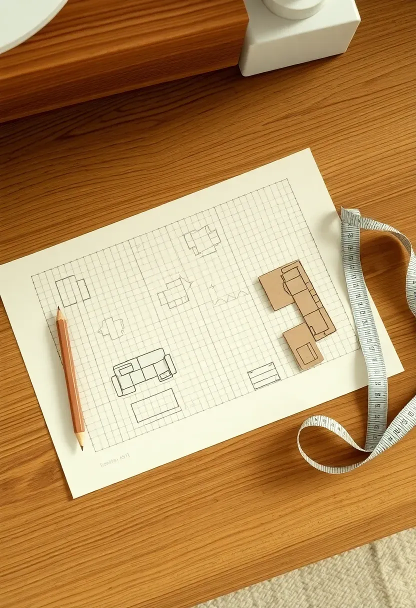 Top-down floor plan sketch of a modern living room showing sofa placement, rug and traffic flow paths