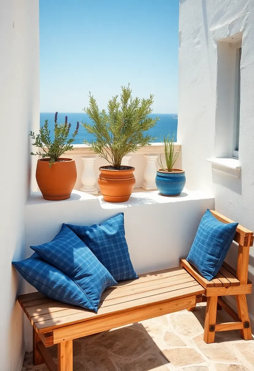 Mediterranean-style terrace with white stucco walls, terracotta planters, blue cushions, and a view of the sea under bright sun