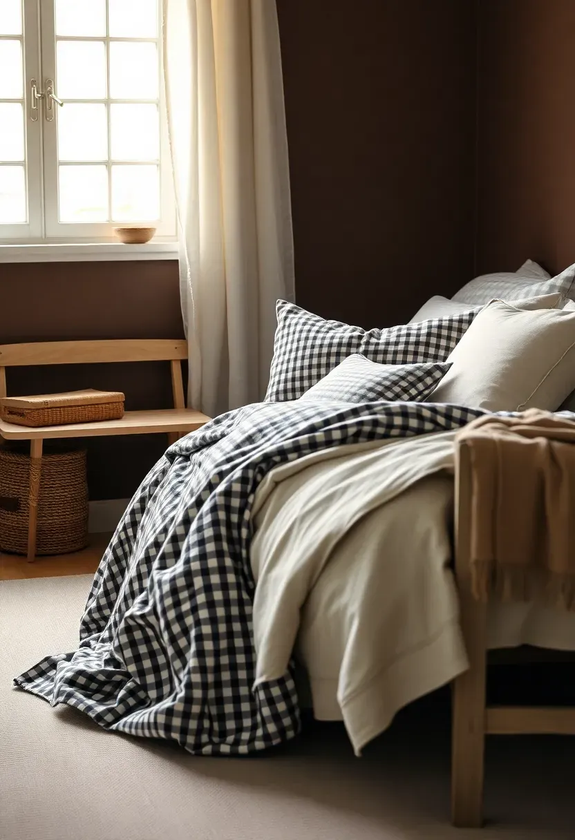 Dark gingham textiles around a cottage bench