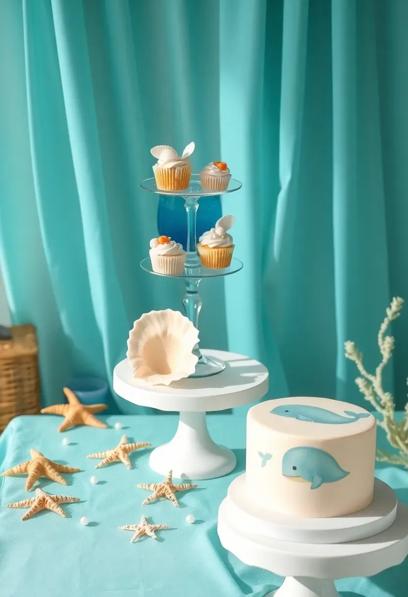 under the sea ocean baby shower dessert corner with turquoise tablecloth, seashell cupcakes, and whale cake on pedestal