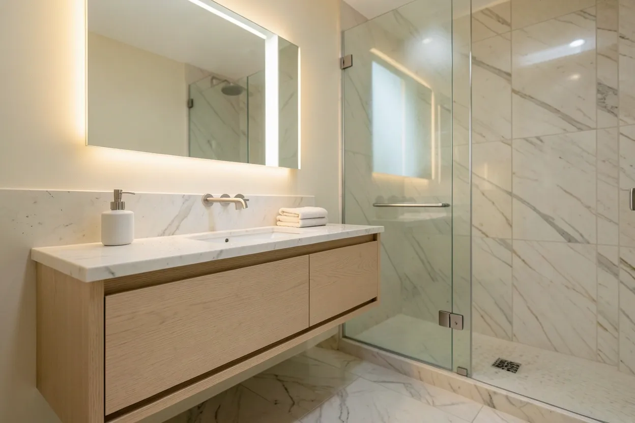 Elegant modern luxury bathroom with floating vanity, marble tiles, and warm gold fixtures creating a calm spa-like retreat