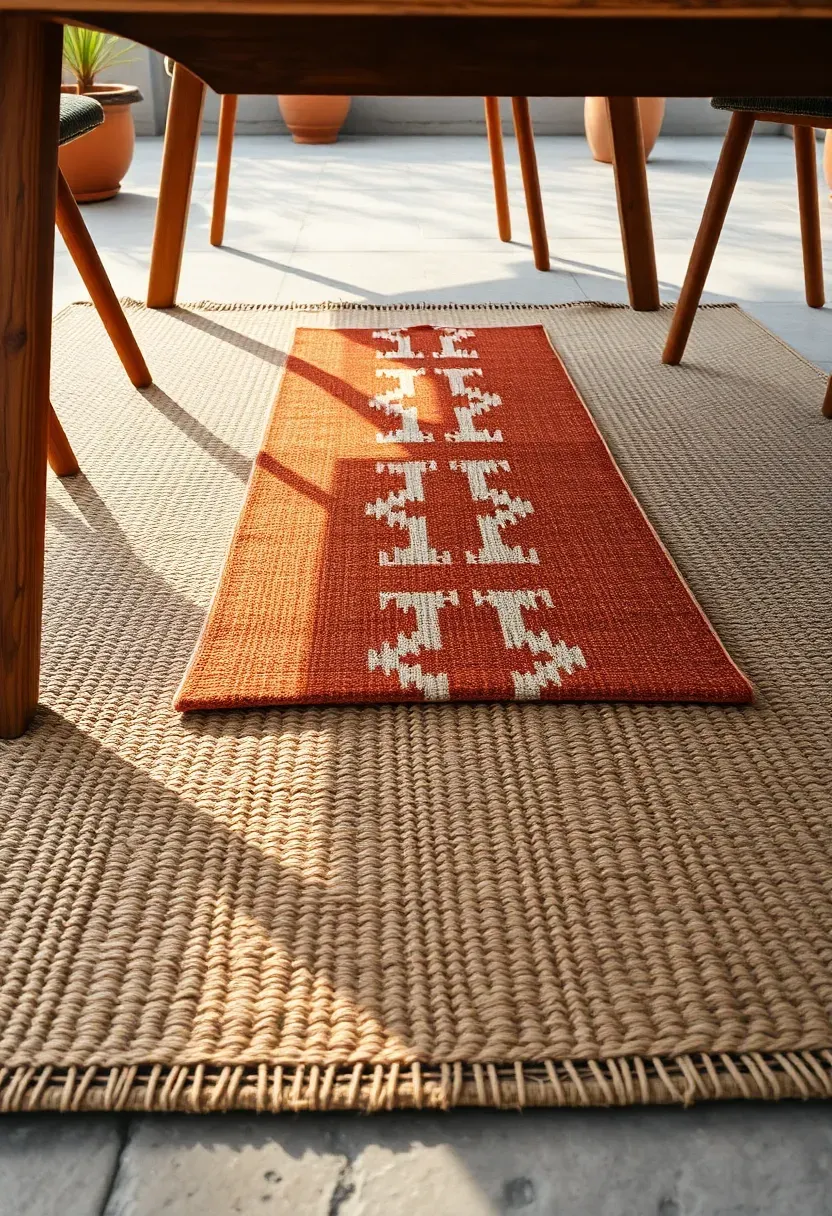 Layered outdoor rugs in complementary earth tones under patio dining furniture with potted plants and a jute rug visible beneath a smaller patterned rug
