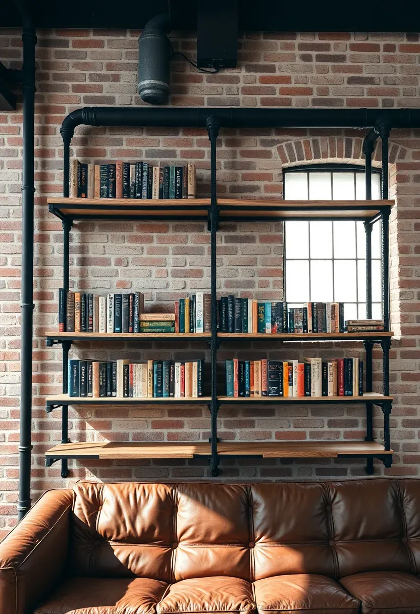 Hyper-realistic 3/4 view of industrial pipe shelving with wood planks, books arranged on shelves, brick wall behind, leather sofa below. Materials: black iron pipes, reclaimed wood planks, mixed book spines, exposed brick, leather sofa. Diffused natural light from large industrial window (soft daylight), shadows emphasizing texture. Raw composition, sharp metal and wood details, urban loft aesthetic, visible room with high ceiling. No text, no logos, no watermarks.</p>