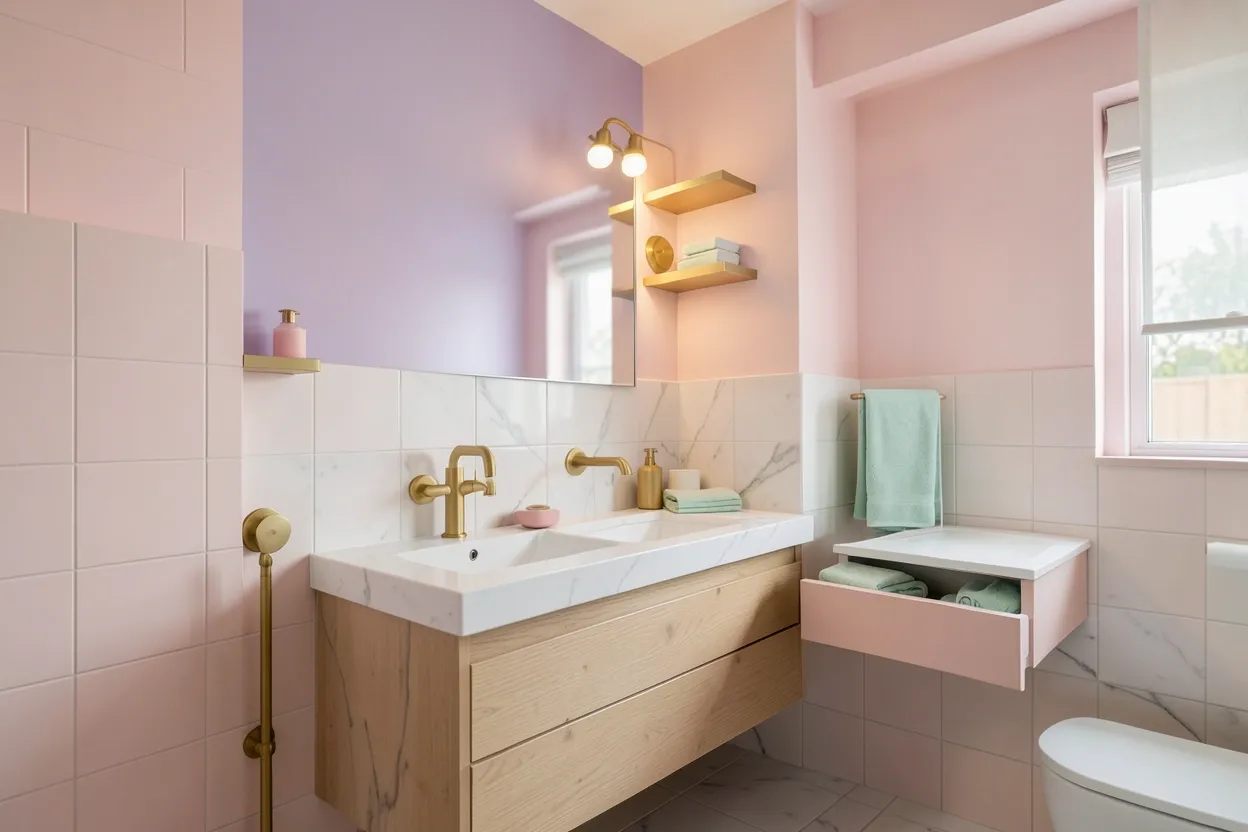 Toca Boca modern mansion bathroom with pastel pink walls, gold fixtures, and playful colorful decor