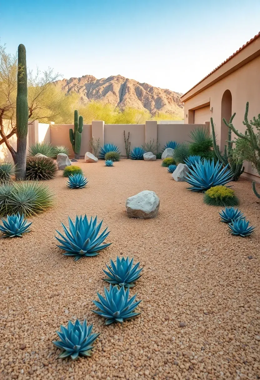 Panoramic view of a fully xeriscaped Arizona property from front yard to back with decomposed granite, native plantings, boulders, and a gravel pathway connecting both areas