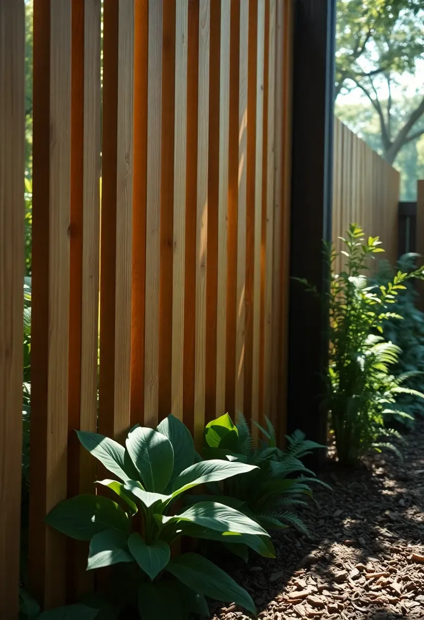 Louvered wood fence with angled slats allowing light and air through, viewed from inside a garden with shade plants