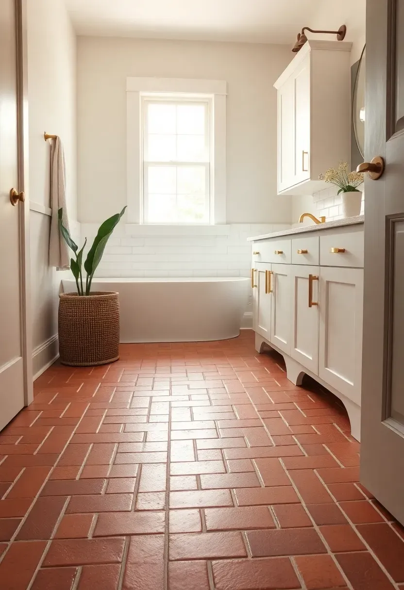 Brick-look porcelain tile bathroom floor in soft terracotta tones with farmhouse vanity and white walls