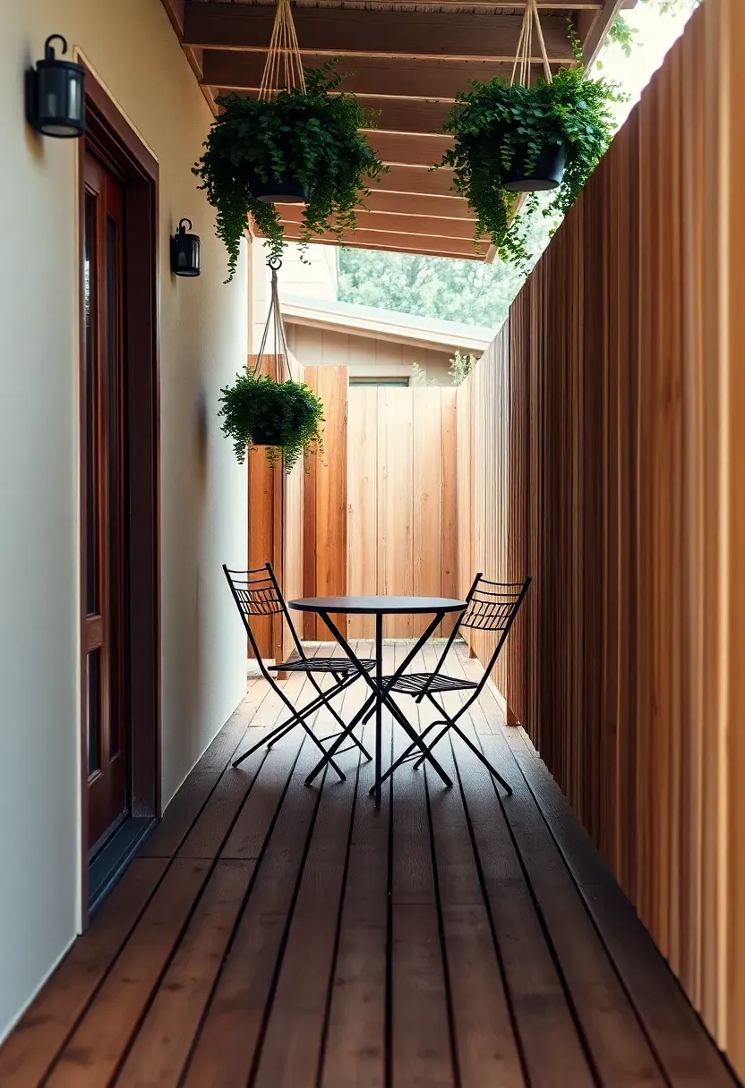 A narrow wooden deck running along the side of a house between the wall and fence, with bistro chairs and hanging plants overhead