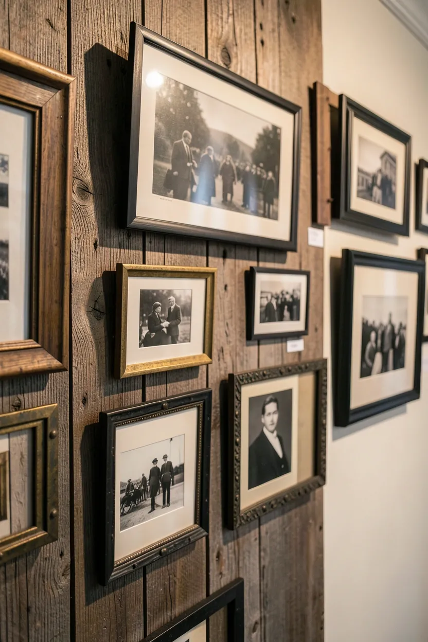 Curated gallery wall with mixed weathered wood and black iron frames featuring botanical prints in farmhouse living room