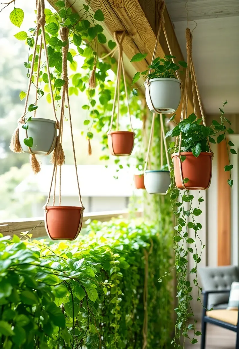 Vertical hanging planters with trailing ivy and ferns creating a living curtain wall in a backyard outdoor room