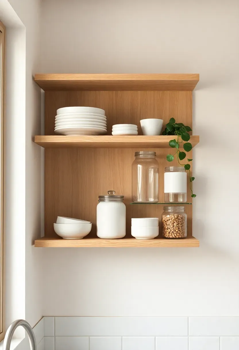 open wooden shelving replacing upper cabinets in a small apartment kitchen