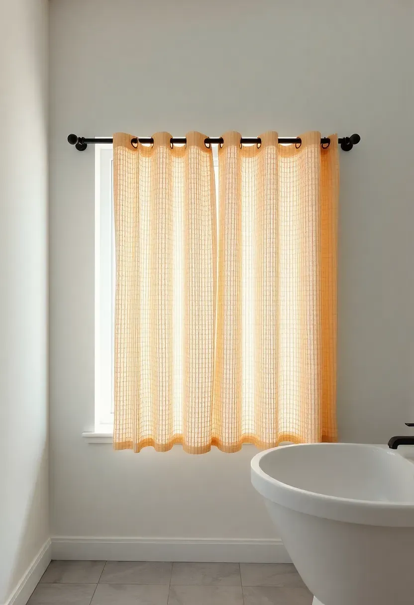 Waffle weave cotton curtain panel in cream color on a bathroom window textured surface catching side light