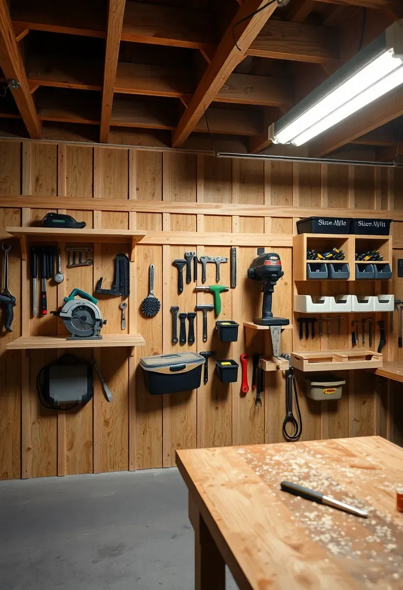 Workshop tool wall in a basement with French cleat shelves holding power tools, hand tools on hooks, and bins of fasteners above a workbench