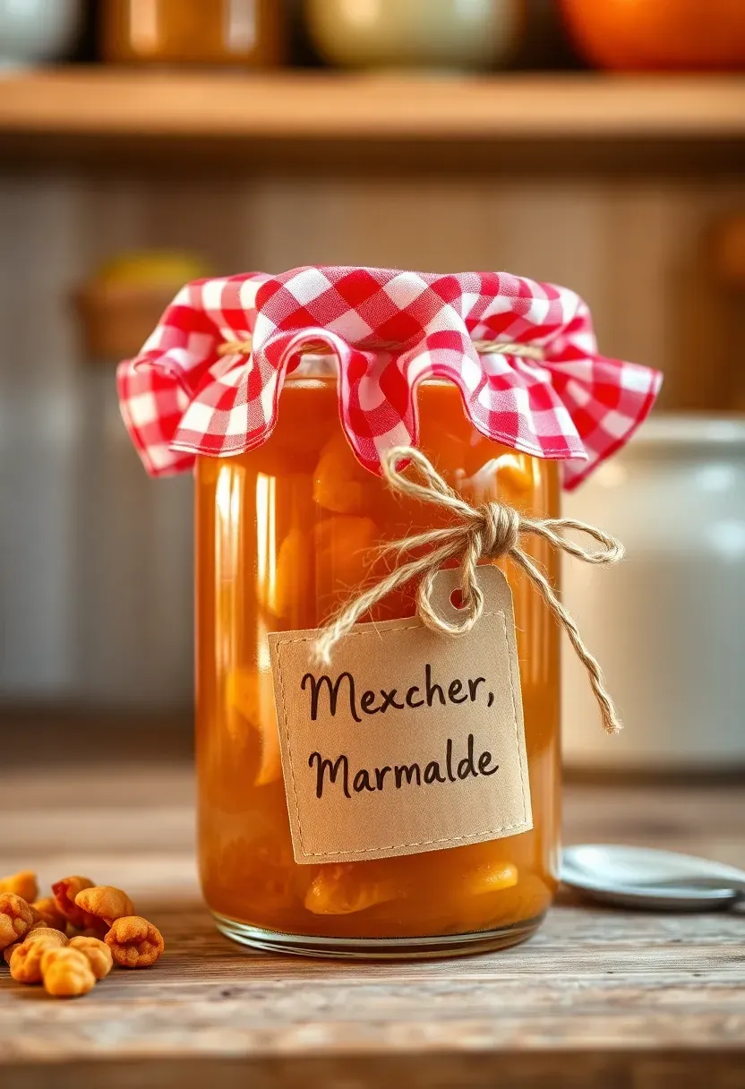 small glass jar of citrus marmalade with a gingham fabric lid cover and handwritten label