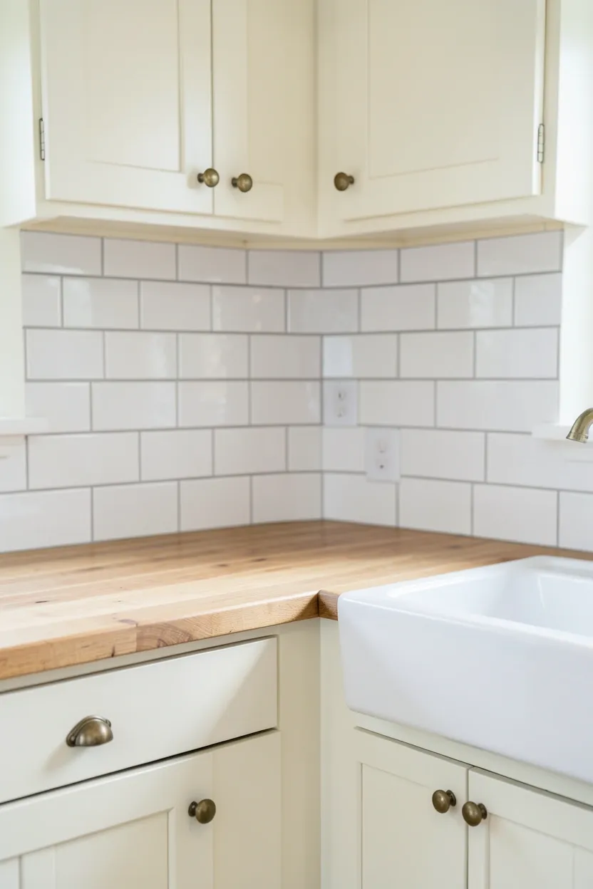 Classic white 3x6 subway tile backsplash in a small cottage kitchen with gray grout — timeless and easy to clean