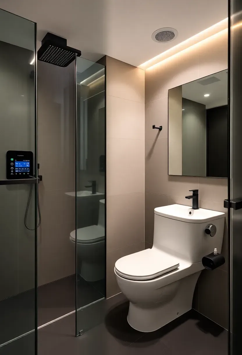 Smart bathroom mirror with digital display and LED lighting in a modern apartment bathroom setup