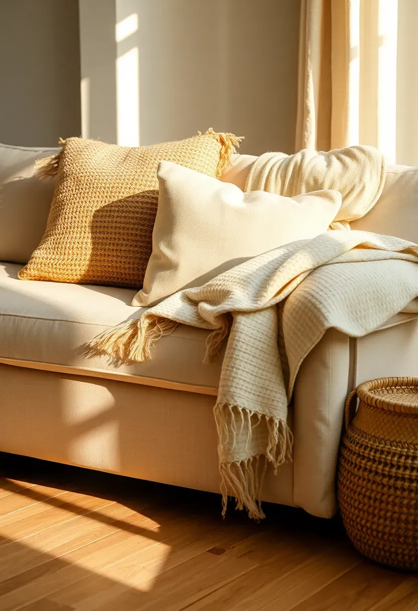 Layered jute and cotton throw blankets and cushions in cream and sand tones on a modern shabby chic living room sofa