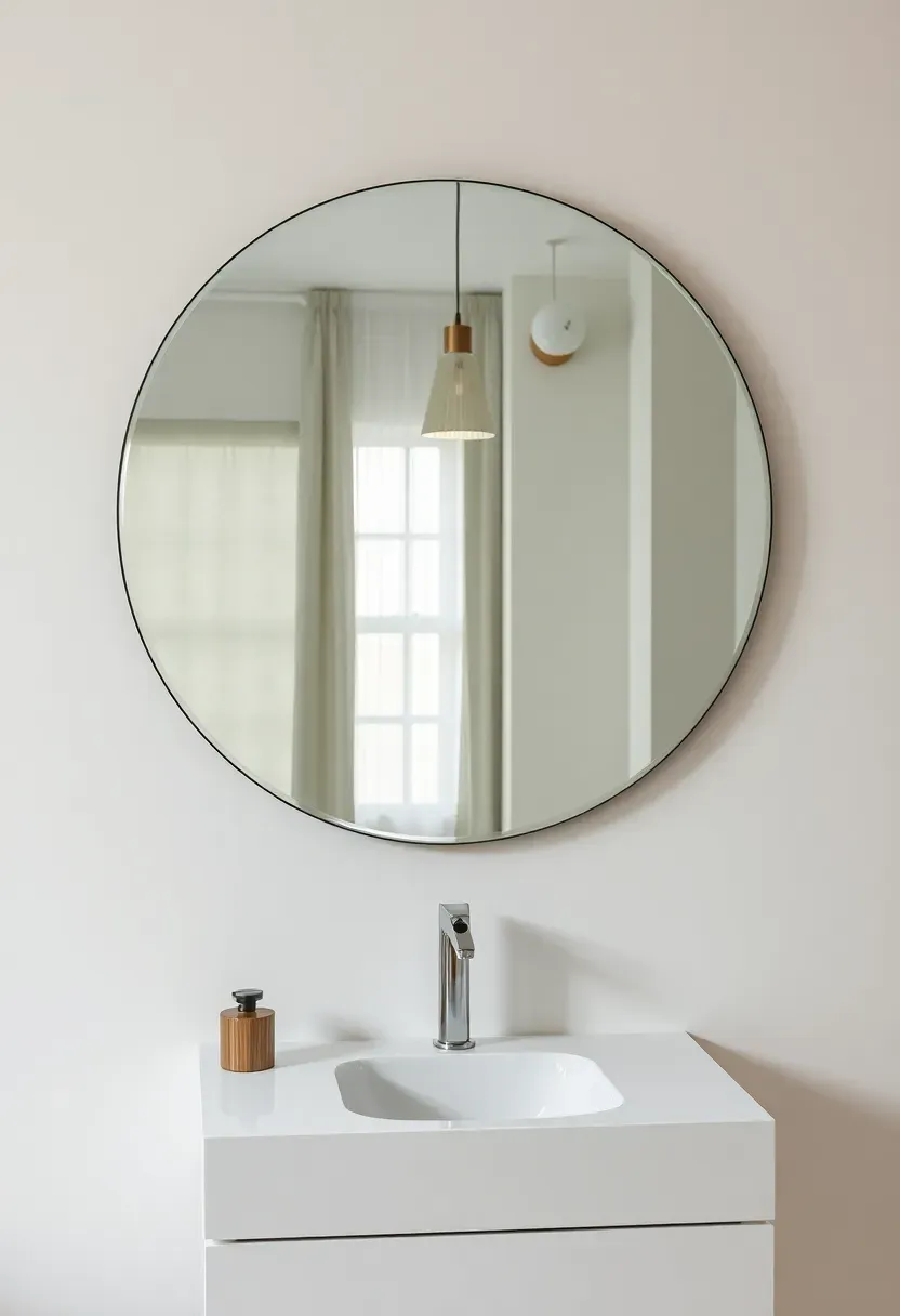 Minimalist bathroom with large frameless round mirror above a wall-mounted vanity, reflecting pendant light and window