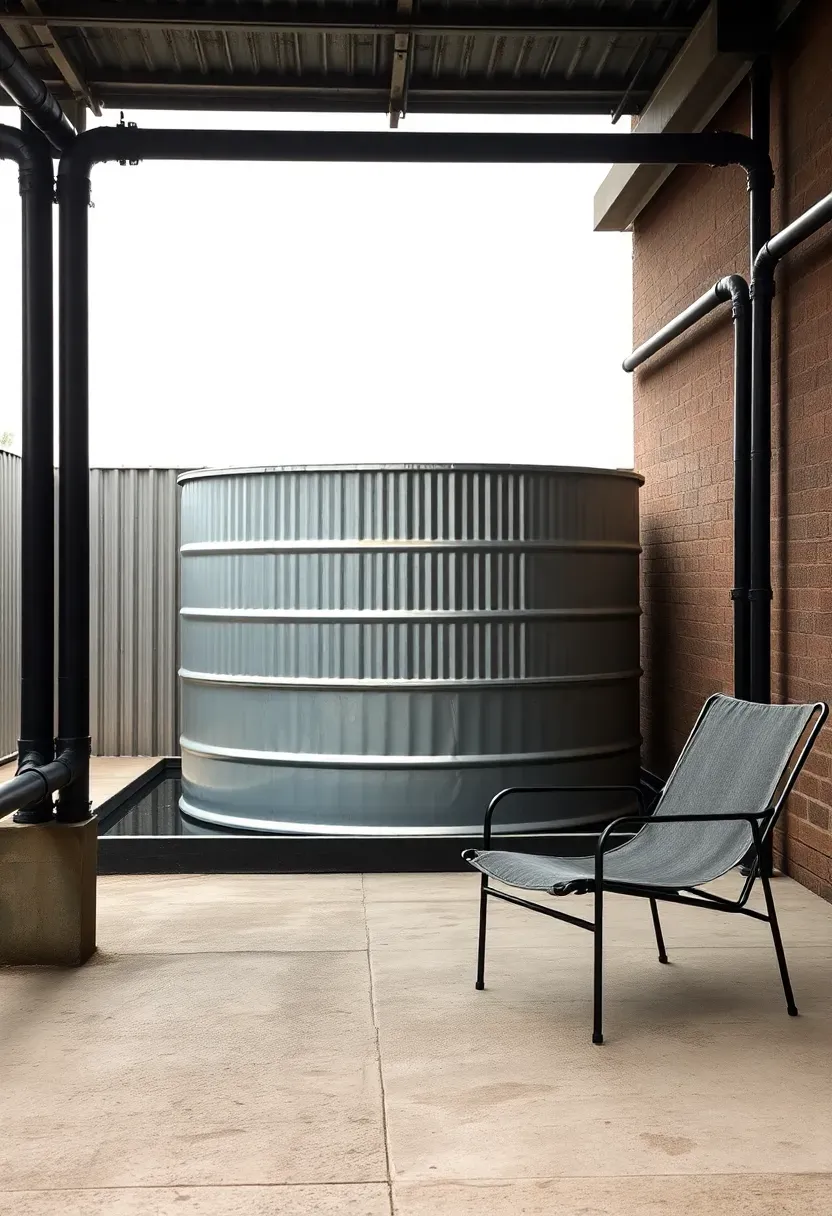 Stock tank pool on a concrete industrial patio with metal pipe railings, corrugated steel privacy walls, and minimalist black outdoor furniture