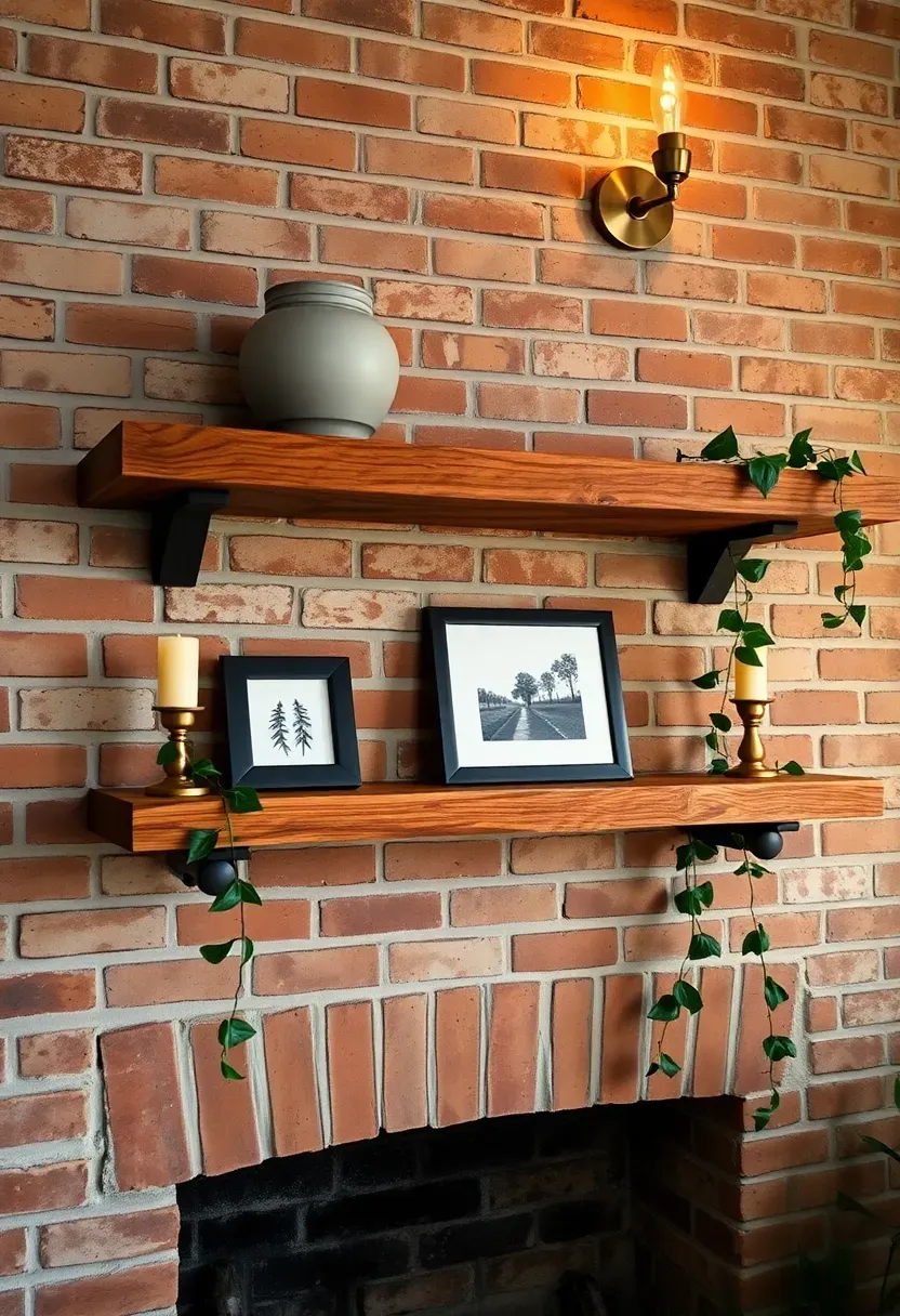 Rustic floating timber shelf above brick fireplace with ceramics, candles, and small framed photo