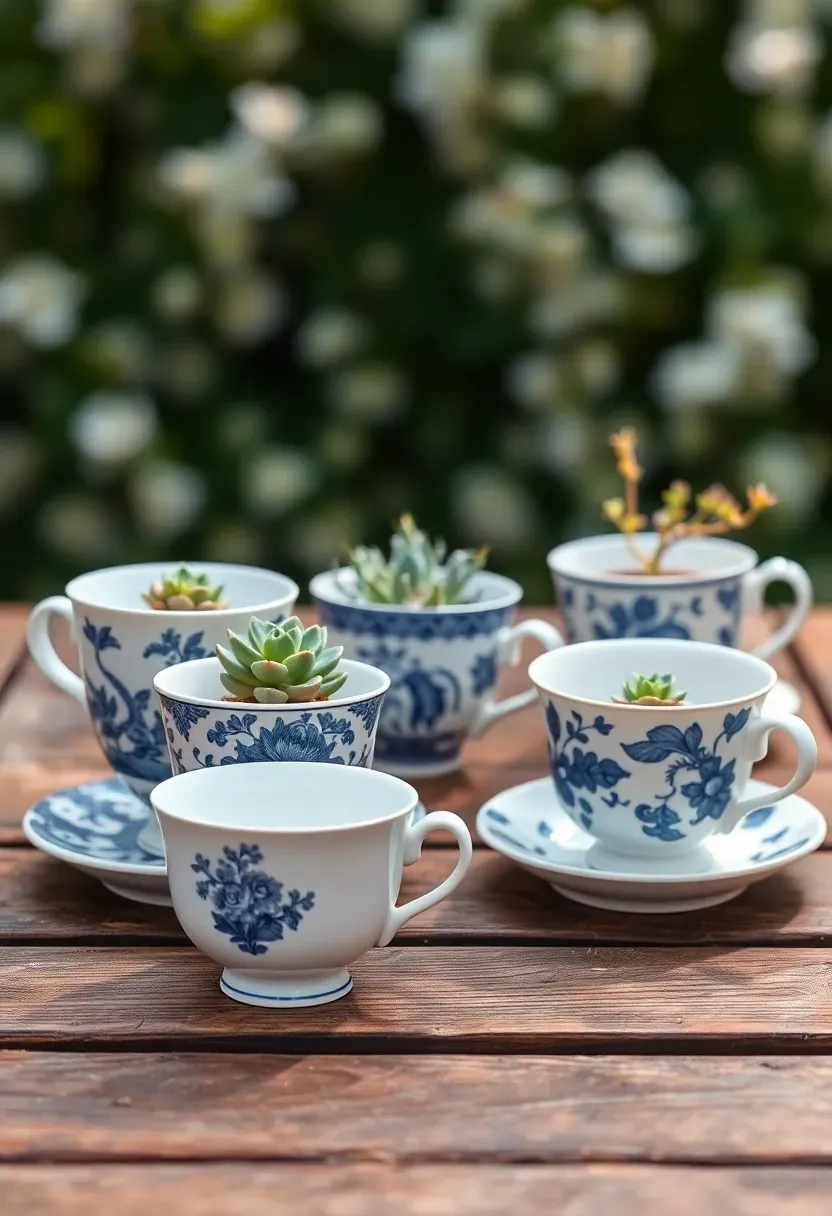 vintage mismatched teacups repurposed as small planters with succulents and spring flowers on a garden table