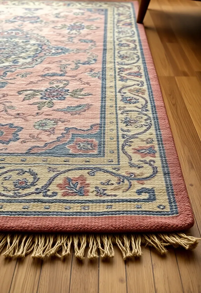 Faded vintage Persian rug layered over natural jute flooring under living room furniture