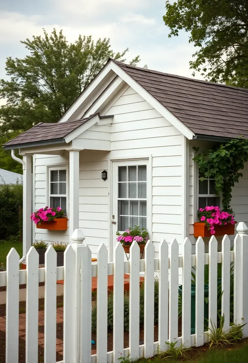 Charming detached one-bedroom backyard cottage with a front porch, painted siding, pitched roof, and window boxes with flowers against a fenced yard